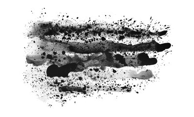 Art Watercolor flow blot with drops splash. Abstract texture black and white color stain on white horizontal background.