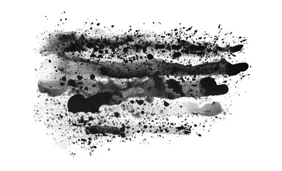 Zelfklevend Fotobehang Art Watercolor flow blot with drops splash. Abstract texture black and white color stain on white horizontal background. © Liliia