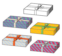 Set of big rectangle gift boxes. Black and white version and version in different colors. Retro style vector illustration