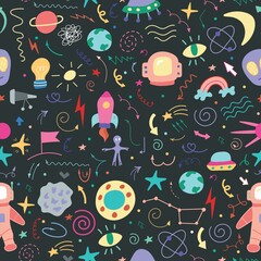 Naklejka premium Seamless pattern of space icons and elements on a dark background. Space. Doodle. Vector illustration. Hand-drawn.