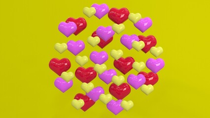 Congratulations on Valentine's Day. Red, pink and yellow hearts on a yellow background. 3D rendering.