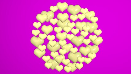 Congratulations on Valentine's Day. Yellow balloons in the shape of hearts on a pink background. 3D rendering.
