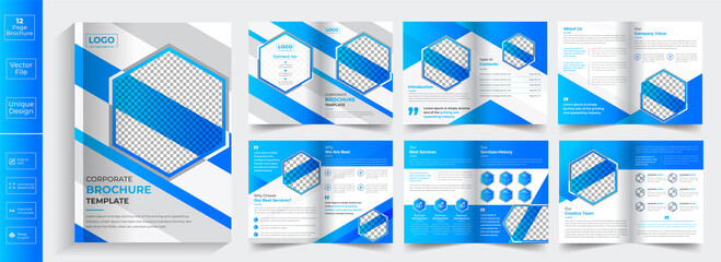 Minimal clean geometric design of 12 page Blue color template for brochure,Brochure Design, Company Profile, Annual Report, Booklet, Catalog Design, Brochure Layout, Business Brochure, Company Profile - obrazy, fototapety, plakaty