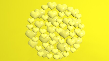 Congratulations on Valentine's Day. Yellow balloons in the shape of hearts on a yellow background. 3D rendering.
