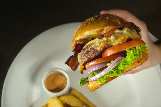 big burger in the hand ready for eat