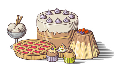 Composition of sweets. Big cake with cream, sweet pie with cherry, caramel pudding with chocolate and berries, ice-cream and cupcakes. Retro style colored vector illustration