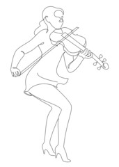 Fototapeta na wymiar Silhouette of a beautiful woman with a violin in a modern continuous line style. Violinist girl, slender. Continuous line drawing, decor aesthetic outline, posters, stickers, logo. Vector illustration