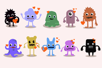 Fototapeta na wymiar love monsters collection - set of cute monsters with valentines hearts