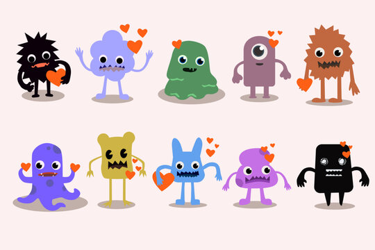 love monsters collection - set of cute monsters with valentines hearts