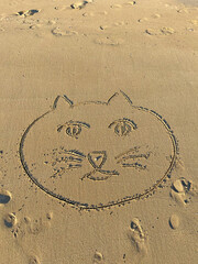 A drawing of a cat is drawn in the sand. Children's drawings by the sea. Cat on the sand