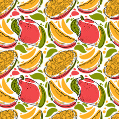 Mango colorful seamless pattern. Hand drawn doodle background for kitchen wallpaper, textile, fabric, menu design isolated on white background.