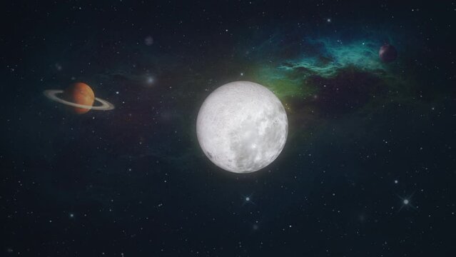 Finger Touch Moon Turn Light On In Deep Space. Female finger touches the dark moon to light it up in the deep space