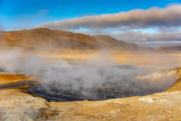 Fumarole field in Hverir geothermal zone Iceland. Famous tourist attraction