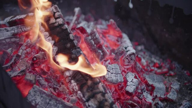 Closeup of barbecue brazier grill with extinct charcoal, coal for preparing shashlik or shish kebab. Skewered roasted kebabs on BBQ grill