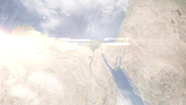 Earth zoom in from outer space to city. Zooming on Pyramid of Cheops, Egypt. The animation continues by zoom out through clouds and atmosphere into space. Images from NASA