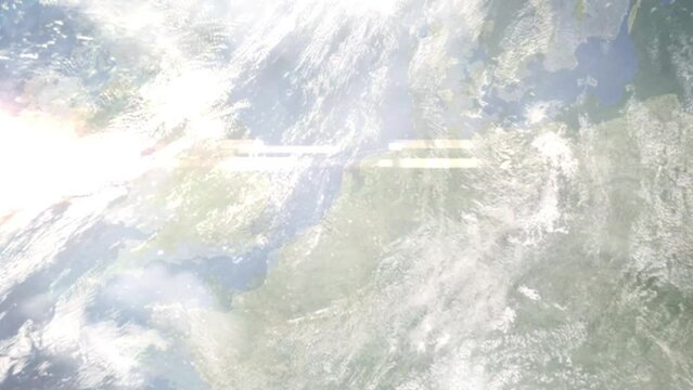 Earth zoom in from outer space to city. Zooming on Netherlands, Amsterdam. The animation continues by zoom out through clouds and atmosphere into space. View of the Earth at night. Images from NASA