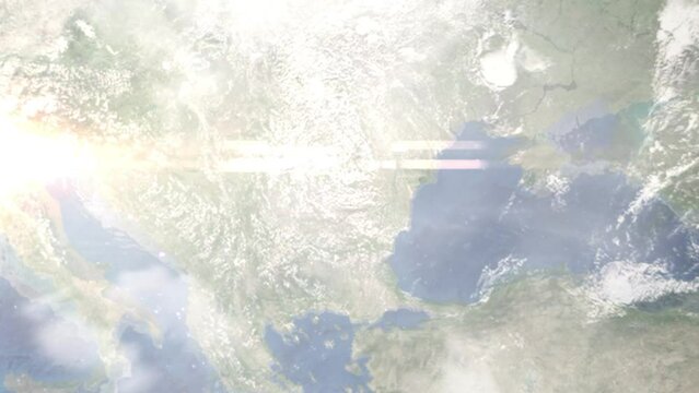Earth zoom in from outer space to city. Zooming on Romania, Bucharest. The animation continues by zoom out through clouds and atmosphere into space. View of the Earth at night. Images from NASA
