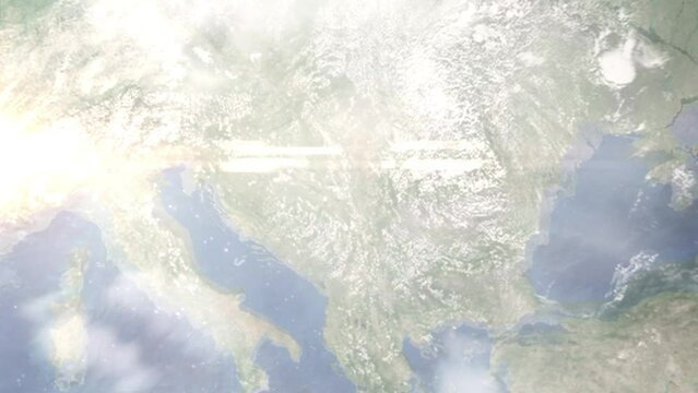 Earth zoom in from outer space to city. Zooming on Serbia, Belgrade. The animation continues by zoom out through clouds and atmosphere into space. View of the Earth at night. Images from NASA