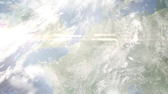Earth zoom in from outer space to city. Zooming on Belgium, Brussels. The animation continues by zoom out through clouds and atmosphere into space. View of the Earth at night. Images from NASA