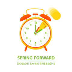 Spring Forward Time. Clocks moves forward one hour. Daylight Saving Time begins banner.  Graphic simple vector reminder illustration with a visual example. Clocks isolated on white background. 