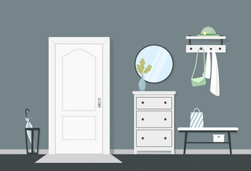 Modern hallway interior with furniture, clothes and accessories. Interior design. Hall inside the house in flat style. Vector illustration