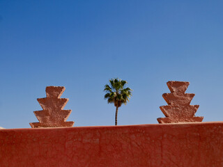 Palm tree and ornamental red city wall in the Medina of Marrakech, Morocco.