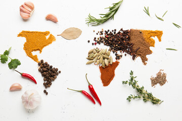 Spice world map. Dried spices. Pepper, turmeric, ginger, cloves © Yulia Kravchenko