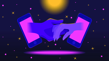 Lovers Together Across Distances, Holding Hands. Mobile Communication