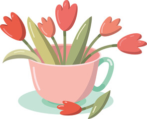 Spring floral tulips. Tulips Bouquet in a pink tea cup vector isolated object