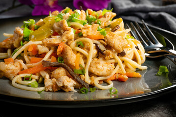Fried noodles with chicken and vegetables.