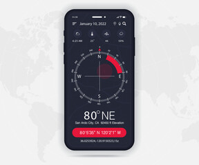 Compass app UI UX GUI concept, Map GPS app on screen  smartphone navigation, Phone interface, application compass for navigator, app map, North West South East navigate technology, Vector illustration © PST Vector