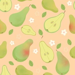 Seamless pattern with pear, half pear, leaves