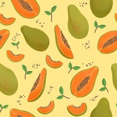 Seamless pattern with papaya, leaf, yellow, green
