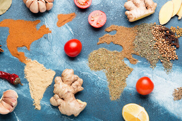 Spice world map. Dried spices. Pepper, turmeric, ginger, cloves