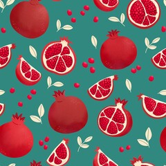 Seamless pattern with pomegranat, red, green, blue