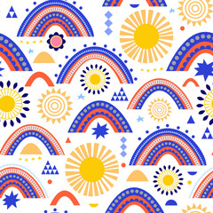 Seamless pattern with rainbow and sun, geometric elements. Lights, stars. Modern shape hand drawn wallpaper. Vector. - 485186900