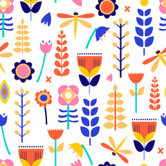 Beautiful seamless pattern for decorative design. Vector abstract paper cut flowers illustration. Nature trendy design. Colorful paper texture background. - 485186901