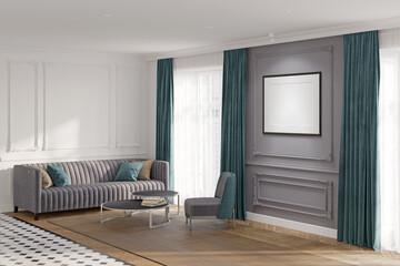 Modern classic living room with a blank illuminated horizontal poster on the gray classic wall between two windows with green curtains, the gray sofa, and an armchair near a coffee table. 3d render