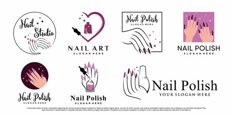 Set of nail polish logo design manicure with creative element Premium Vector