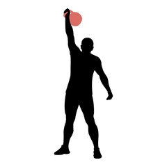 Outline of the silhouette of the body of an athlete-weightlifter in a standing position with a kettlebell. Doing sports in the gym. Weight-lifting. Flat style. Isolated vector illustration.