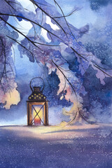 Lantern in the winter forest. Winter evening in the forest. Lantern under a snow-covered tree branch. Watercolor drawing. 