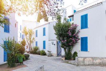 Beautiful typical small street in a Greece with plants and flowers. Typical Greek Mediterranian...