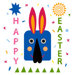 Easter holiday poster with rabbit, cut in paper art style. Silhouette illustration. Vector drawing. Festive illustration. Happy easter banner. Geometric elements - 485189573