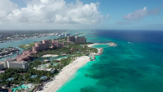 The drone aerial footage of Paradise Island, Nassau, Bahamas.