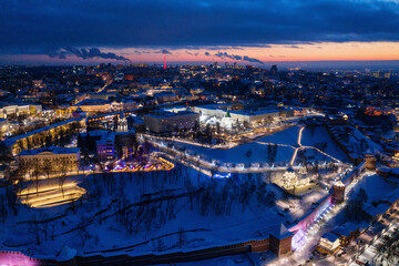 Nizhniy Novgorod. Festive lights. Aerial view of the Kremlin from the embankment.