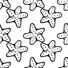 starfish pattern with dots. seamless starfish pattern with dot pattern in doodle summer style simple repeating pattern, isolated black outline