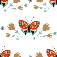 Colorful butterfly with cute flowers. Floral seamless pattern