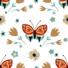 Lovely butterflies and fancy flowers. Floral seamless pattern.