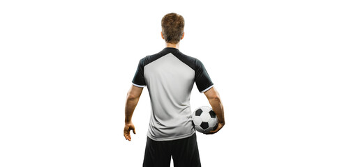 soccer player holding the ball with his back twisted. Isolated on the white background. © Igor Link