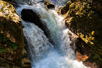 small waterfalls, Radnova River crosses the majestic Vintgar Gorge, Slovenia
